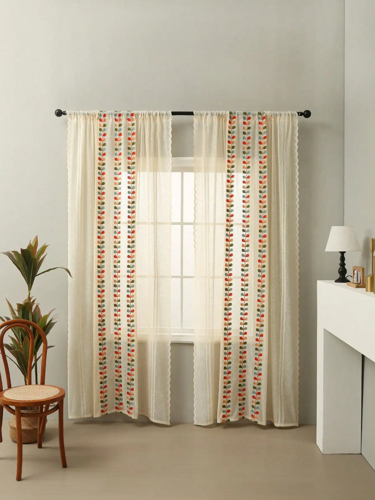 rideau moderne rustique feuilles brodées couleur beige vert orange bleu semi transparent salon maison