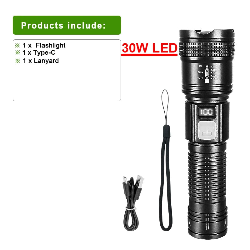 lampe torche rechargeable solaire led puissante 30w lumiere intense résistante autodéfense camping pêche