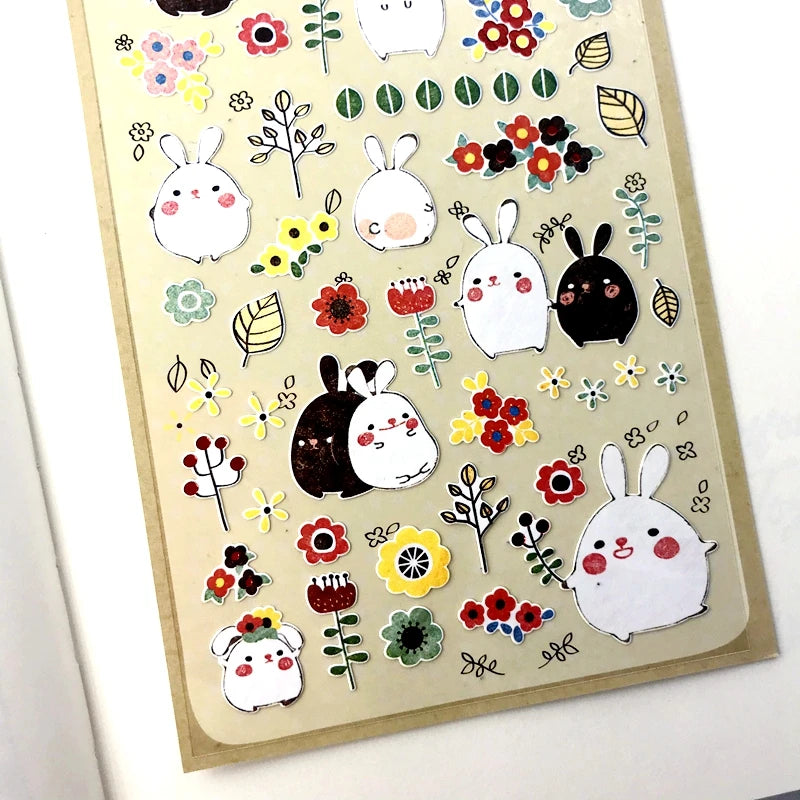 sticker lapin mignon fleurs motifs géométriques scrapbooking diy junk journal blanc noir rose vert