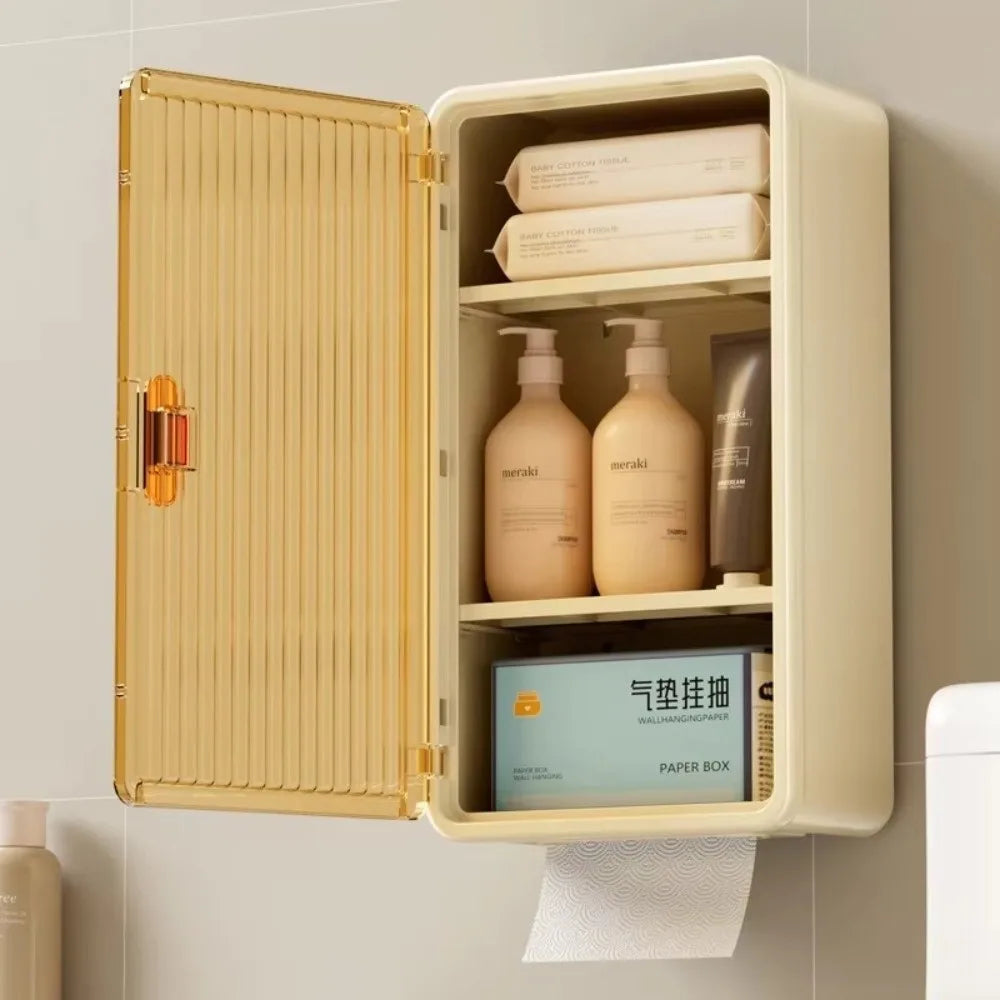 armoire rangement murale moderne adhésive blanche rayures verticales papier toilette flacons crèmes boîte cosmétiques