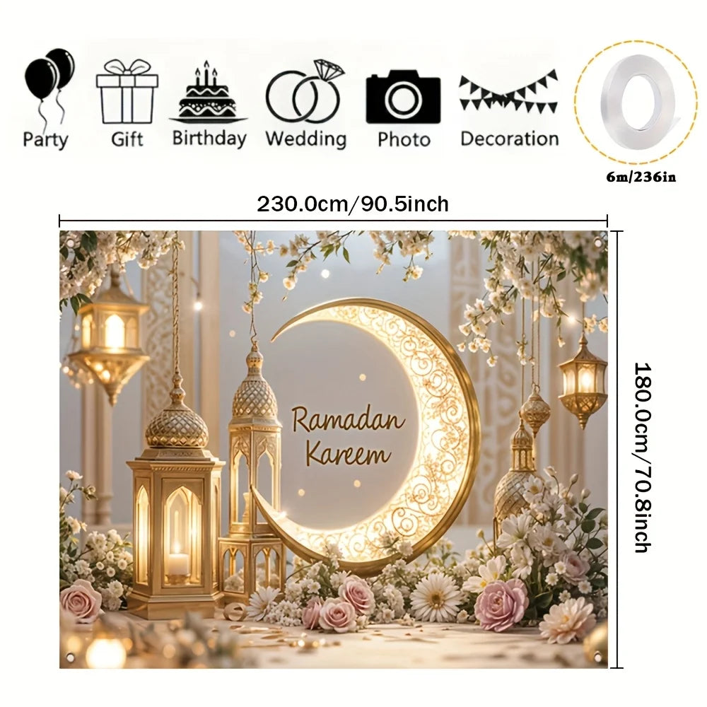 toile décorative ramadan lune dorée lanternes fleurs or blanc rose