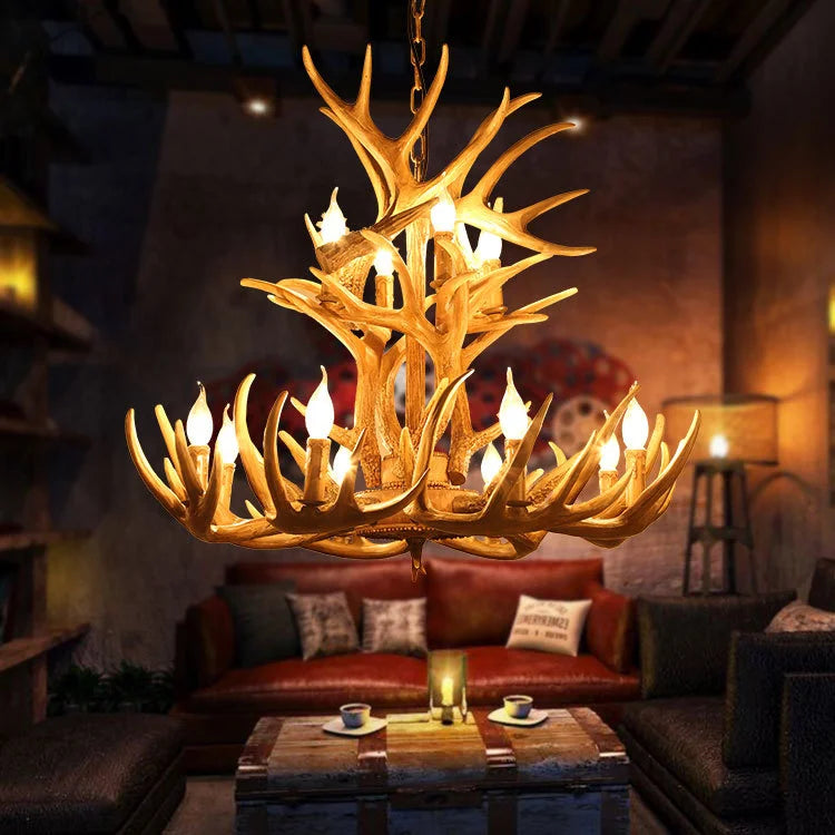 lustre vintage antlers marron clair salon rustique ampoules led murale cottage