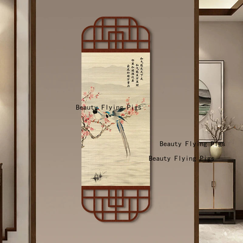 rideau bambou décoratif fleurs cerisier oiseaux paysage asiatique traditionnel beige brun foncé intérieur maison