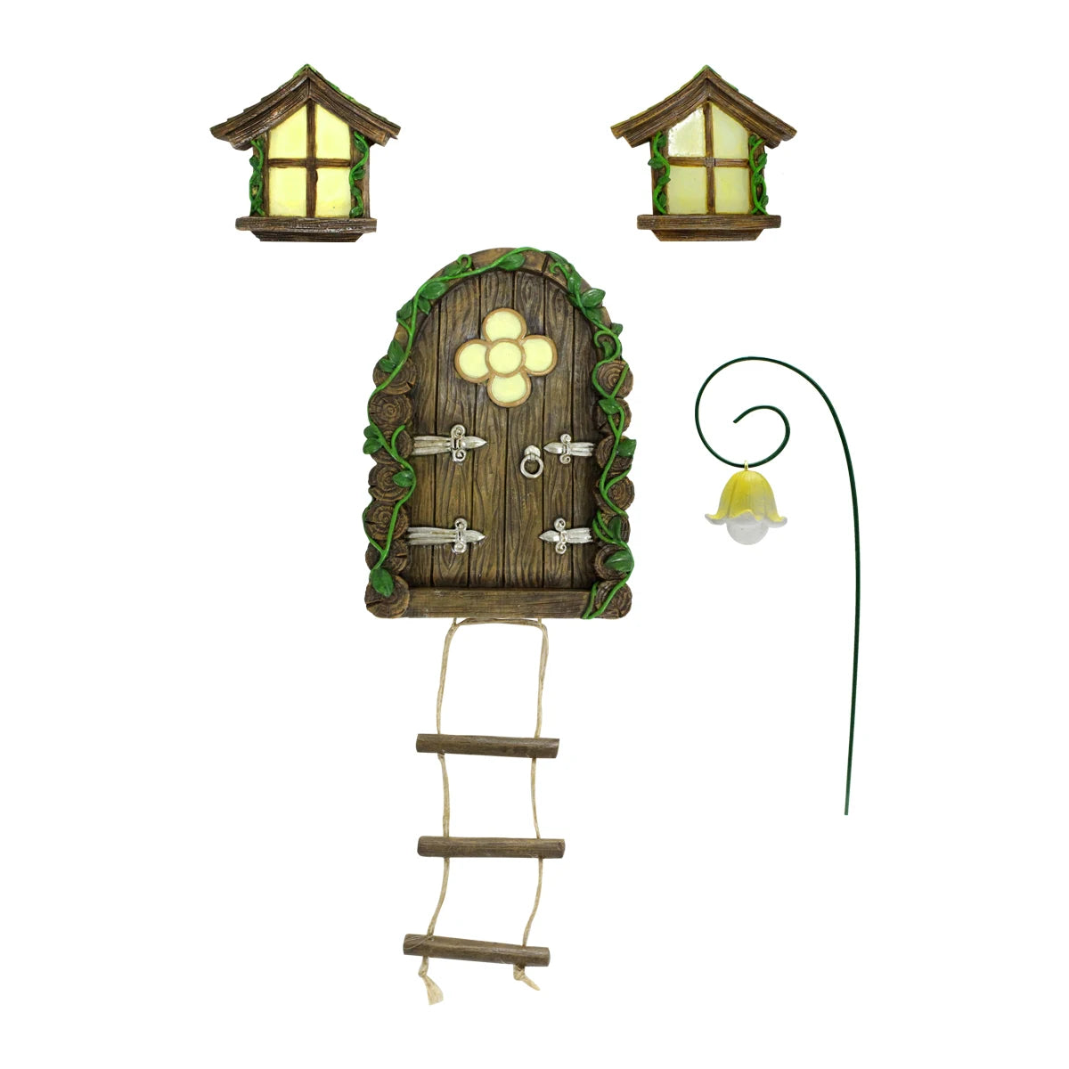 décorations extérieures résine porte miniature arbre fleurs feuilles marron vert rustique deux fenêtres cloche