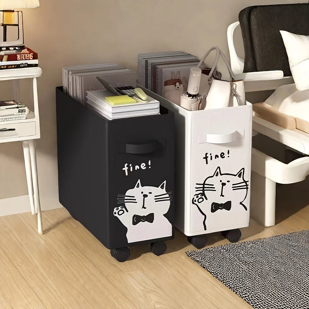 bac rangement noir moderne chat cartoon roulettes poignée fine texté