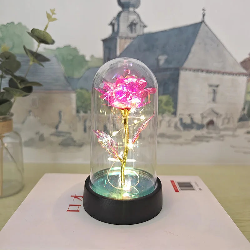 rose artificielle verre transparent led bleu doré décoration intérieure anniversaire saint valentin préparation mariage