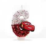 bougies anniversaire forme chiffre sequins motif voiture blanc rouge noir