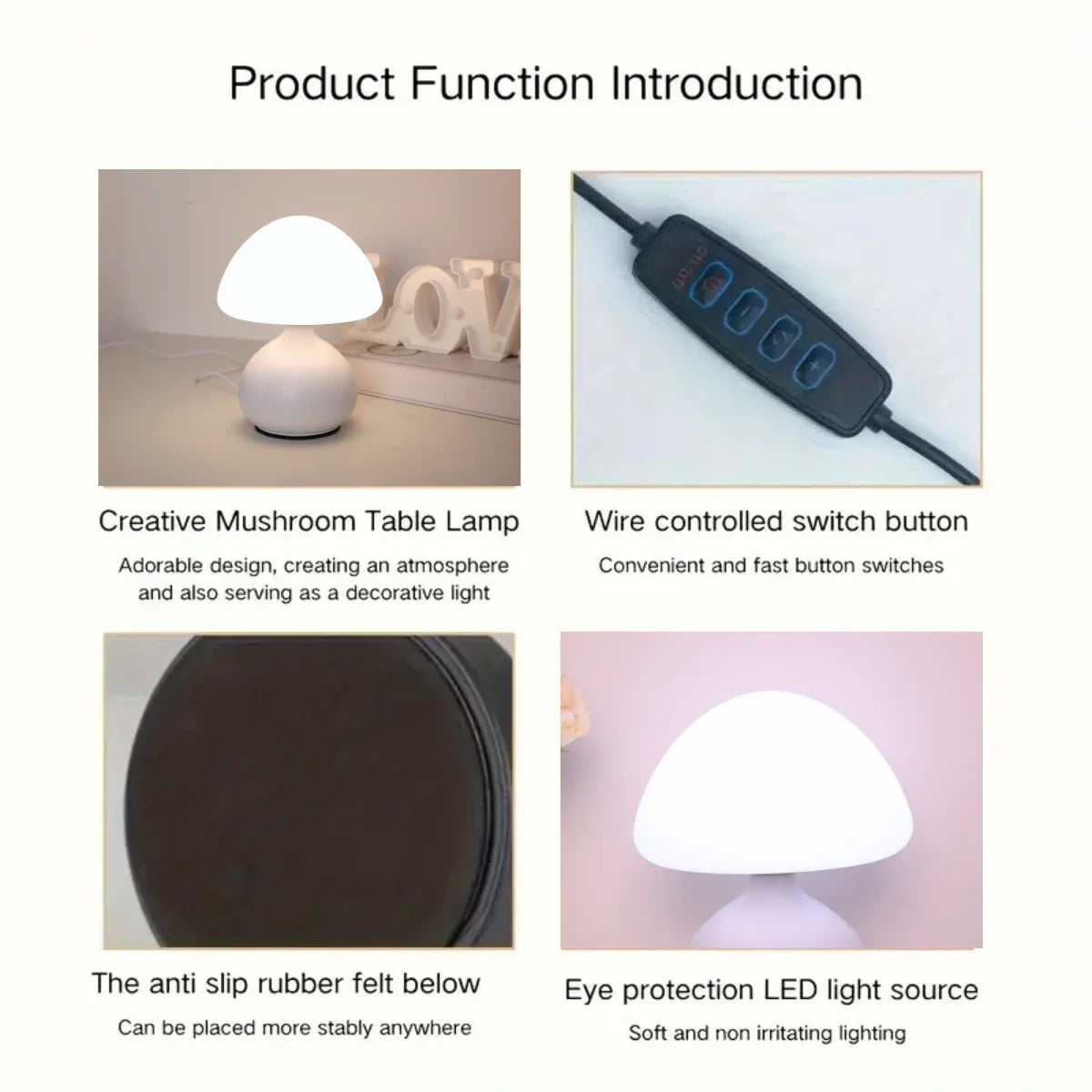 lampe table champignon blanc noir minimaliste interrupteur feutre antidérapant led usb nocturne chambre