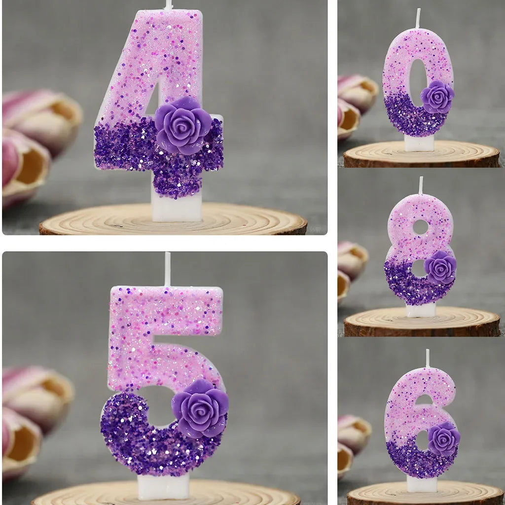 bougies forme chiffres pailletées violettes blanches décoratives anniversaire festive filles garçons