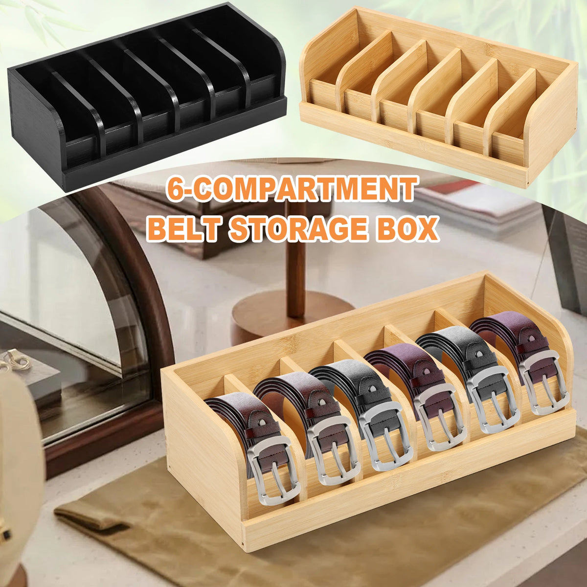 boîte rangement ceintures bois naturel noir compartiments organisation contemporaine écologique minimaliste.storage efficient compartments ecofriendly