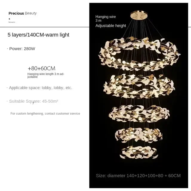 Suspension lumineuse moderne or blanc fleurs stylisées 40 60 80 100 120cm