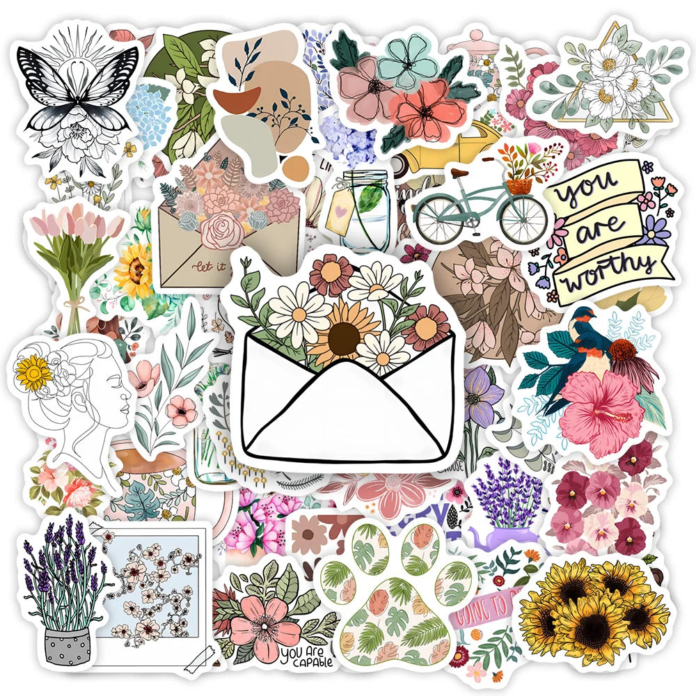 stickers illustrés fleurs papillons adhésifs multicolores blanc noir bleu vert rose jaune carnet scrapbooking