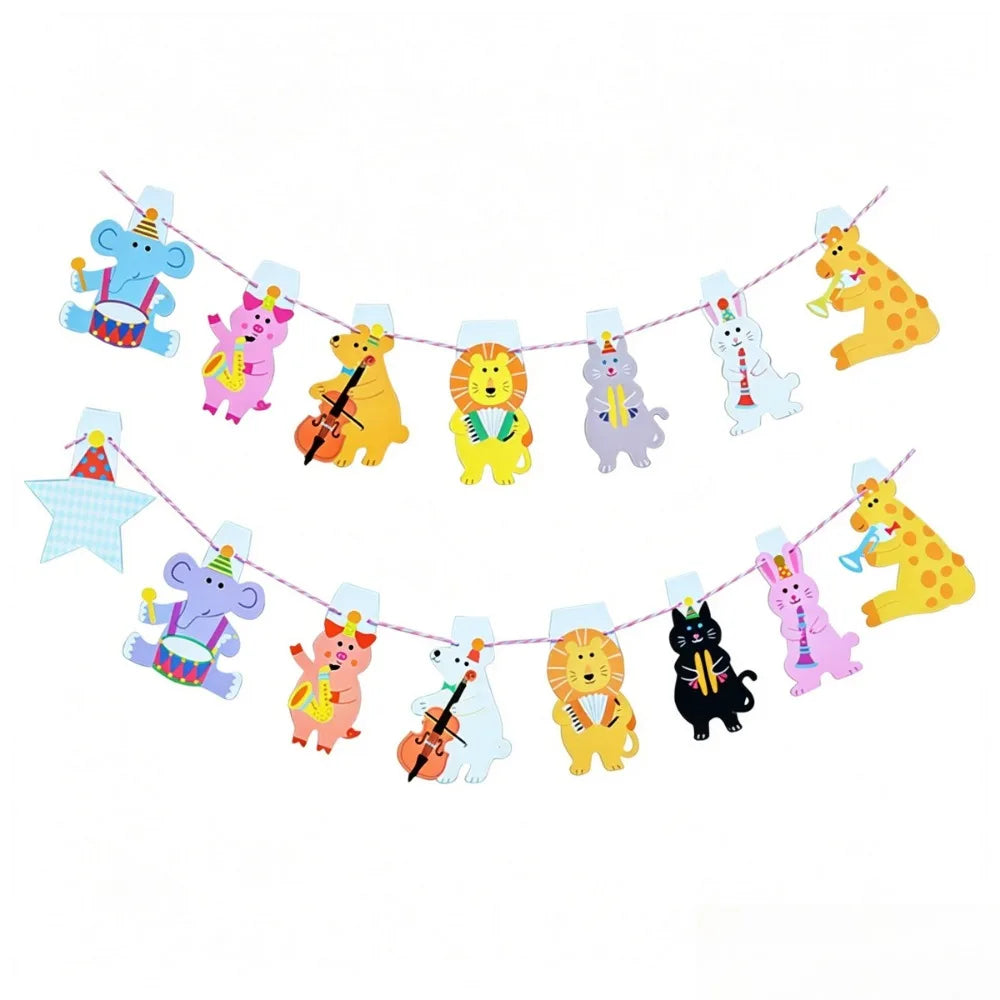 guirlande fête multicolore animaux mignons instruments papier étoile ruban pois scène rideaux enfants