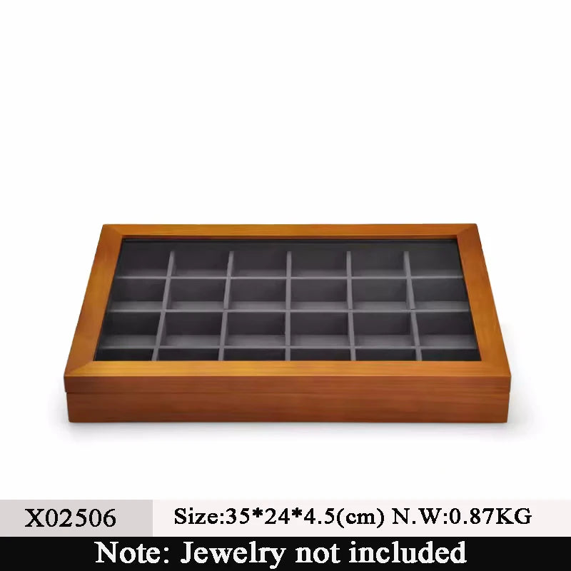 boîtes bijoux bois marron intérieur velours beige verre transparent contemporain minimaliste