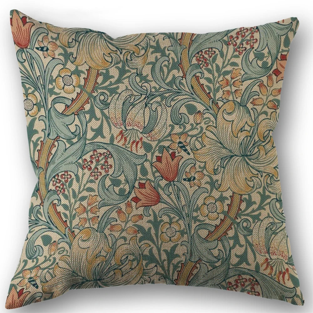 housses coussin lin motifs floraux oiseaux vintage art nouveau bleu marine vert rouge decoration
