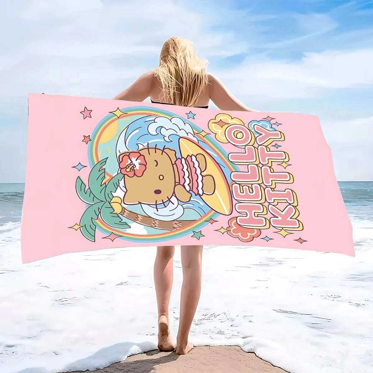 serviette plage hello kitty rose clair dessin animé séchage rapide polyester rectangle lavable machine