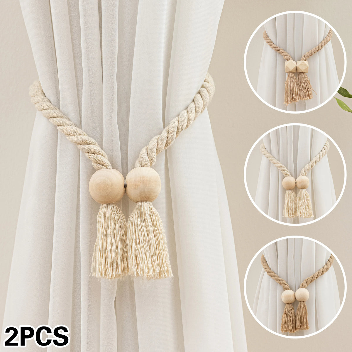 rideau polonais moderne ruban fenêtre tissé corde pompons bois beige clair 70cm
