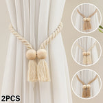 rideau polonais moderne ruban fenêtre tissé corde pompons bois beige clair 70cm
