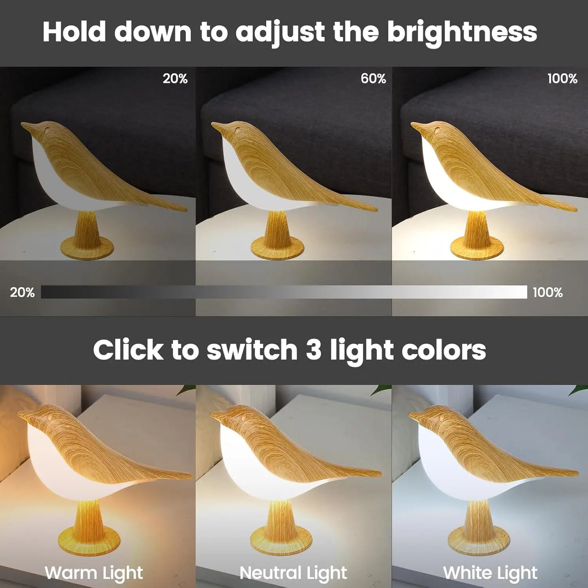 veilleuse oiseau led rechargeable moderne bois naturel clair blanc tactile usb