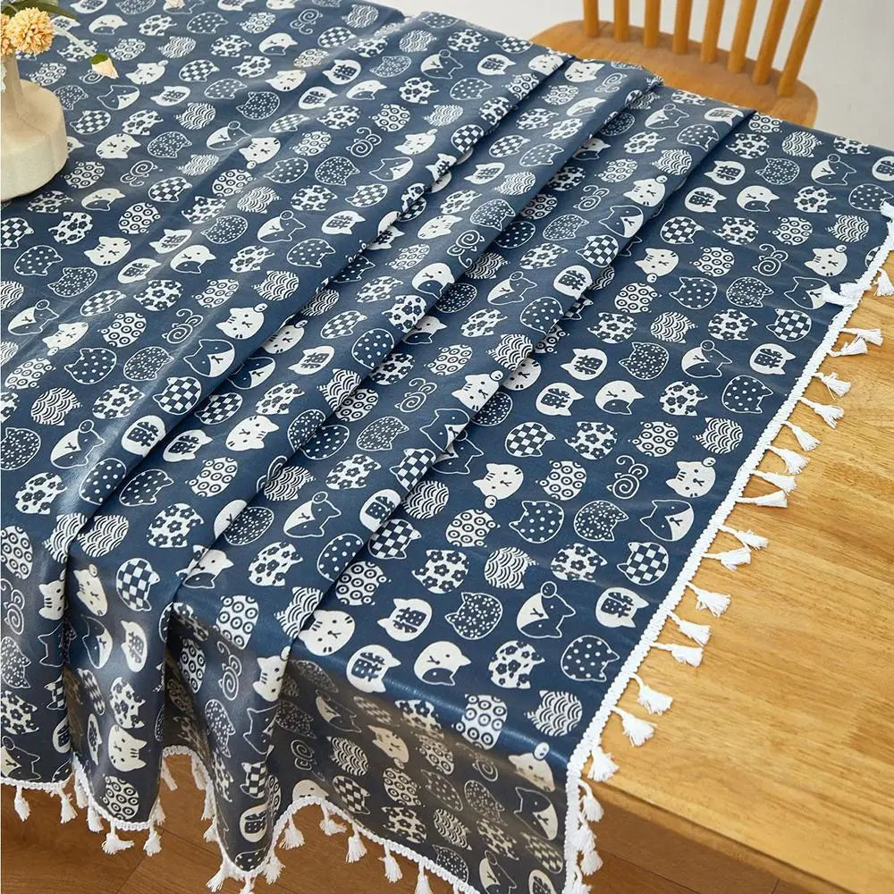 nappe table imperméable chats bleu marine blanche moderne réutilisable tassels cuisine