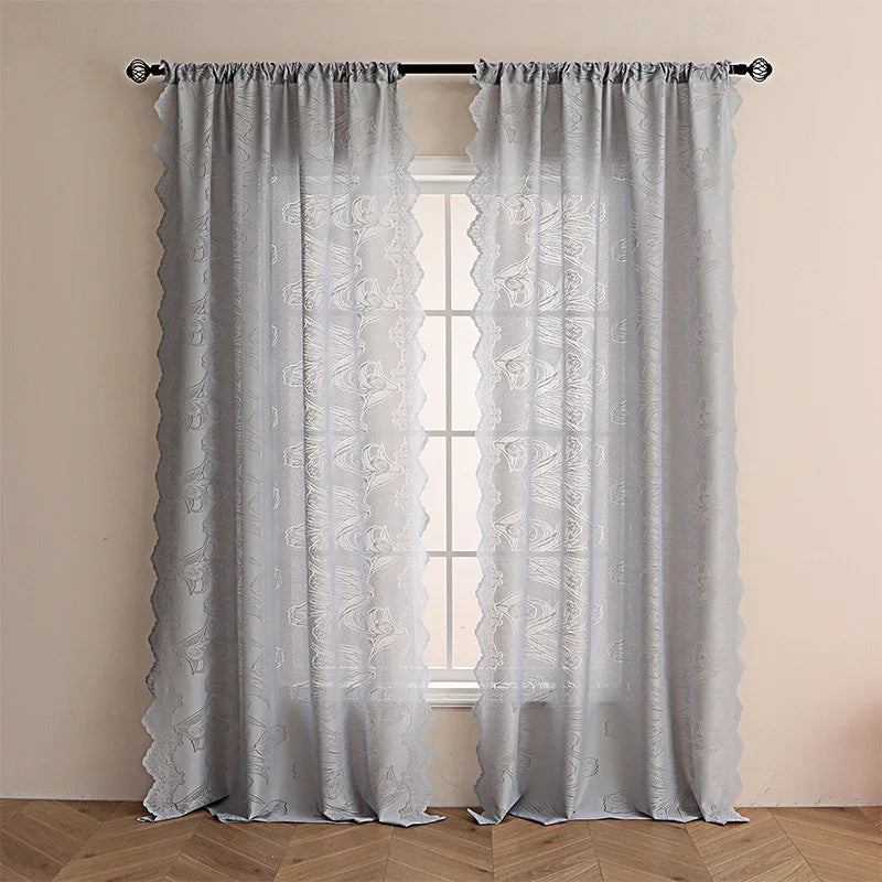 rideau gris clair fleurs blanches semi transparent classique romantique dentelé polyester chambre salon decoration