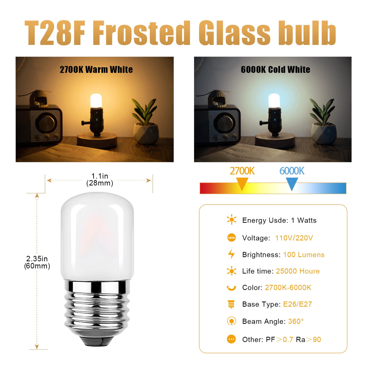 ampoule led filament frosted glass blanc moderne e26 e27 28mm 60mm 2700k 6500k variable