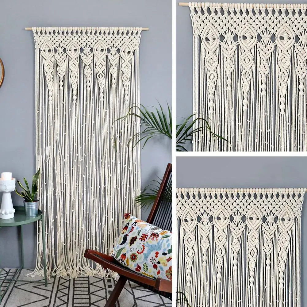 rideau macramé boho chic beige clair franges décoration murale chambre salon