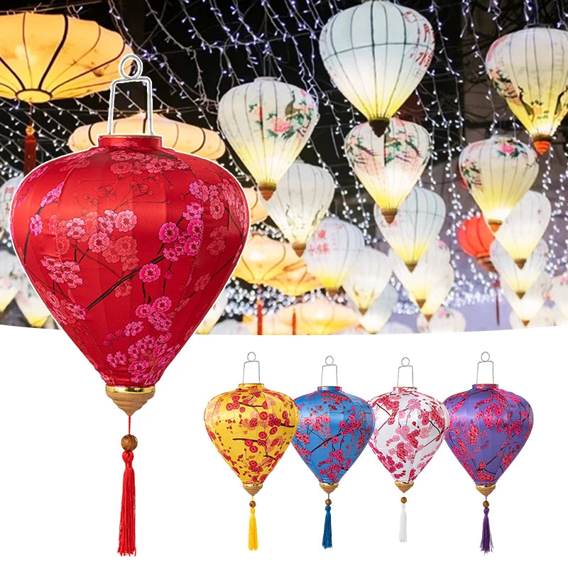 lanternes chinoises traditionnelles fleurs cerisier tassel soie rouge bleu jaune rose