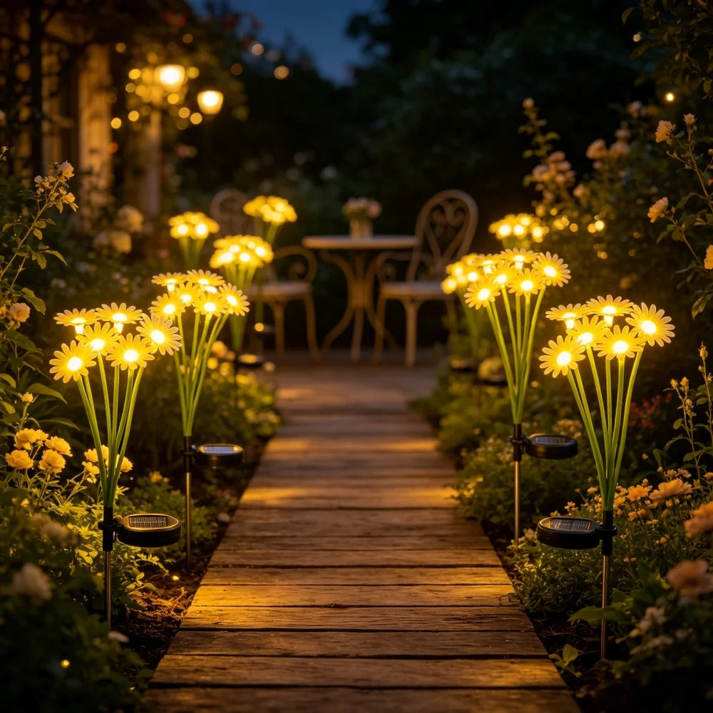 lumière solaire fleur marguerites jaune verte blanche pétales translucides moderne extérieure jardin patio