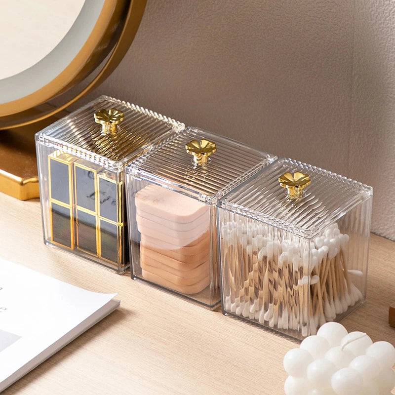 boîtes rangement transparentes rayures dorées moderne élastiques pinces rubans adhésifs poignées dorées