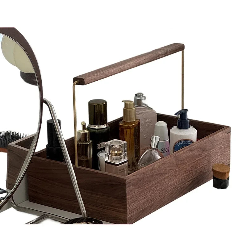 caisse cosmétiques bois foncé rangement maquillage minimaliste poignée dorée lotion bouteille panier naturel