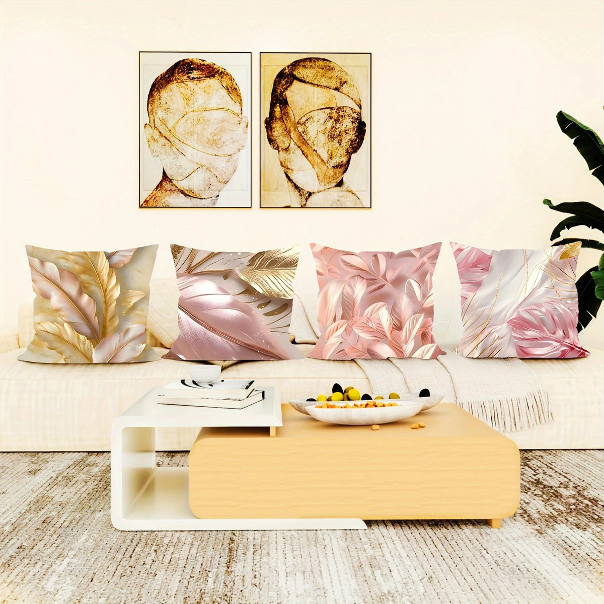housse coussin tissu plumes stylisées rose pâle beige doré contemporain 45x45cm fermeture glissière decoration