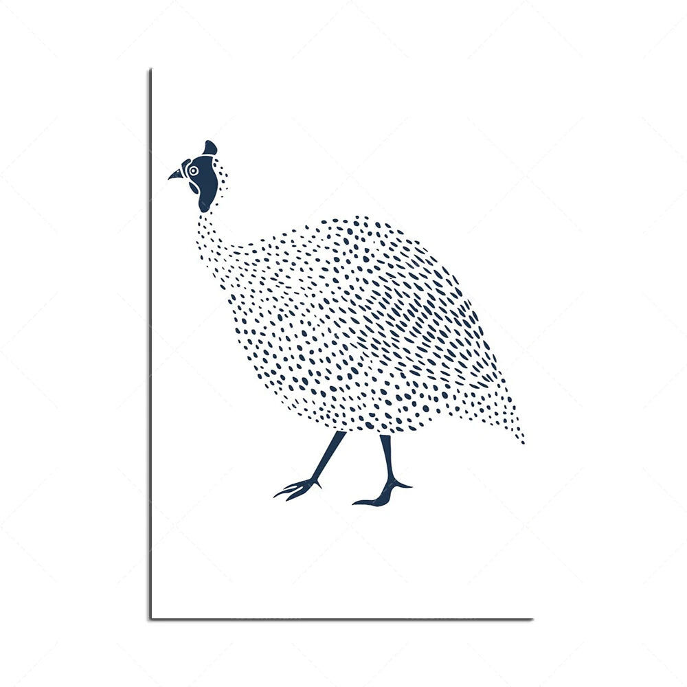 Une représentation stylisée d'un oiseau à motifs de pois noirs sur fond blanc.