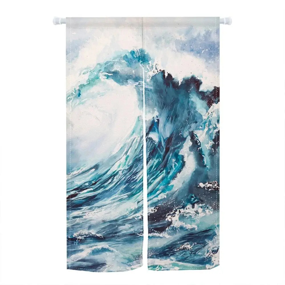 rideau porte art japonais ondes fleurs cerisier opacité anneaux bleu marine blanc rouge