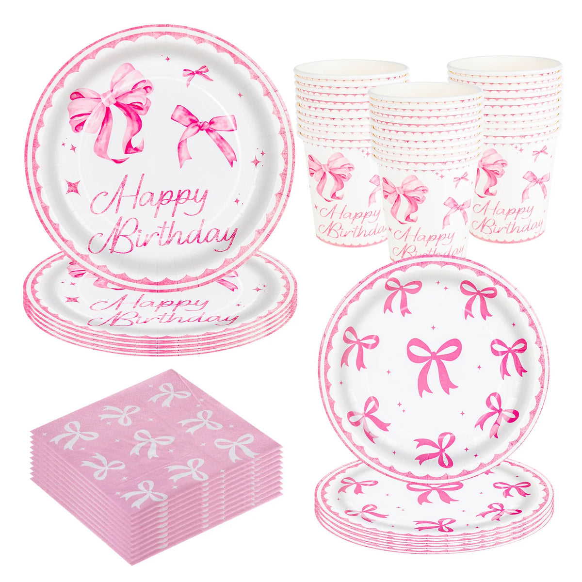 vaisselle jetable assiettes verres serviettes arc roses happy birthday blanc festive anniversaire mariage noel