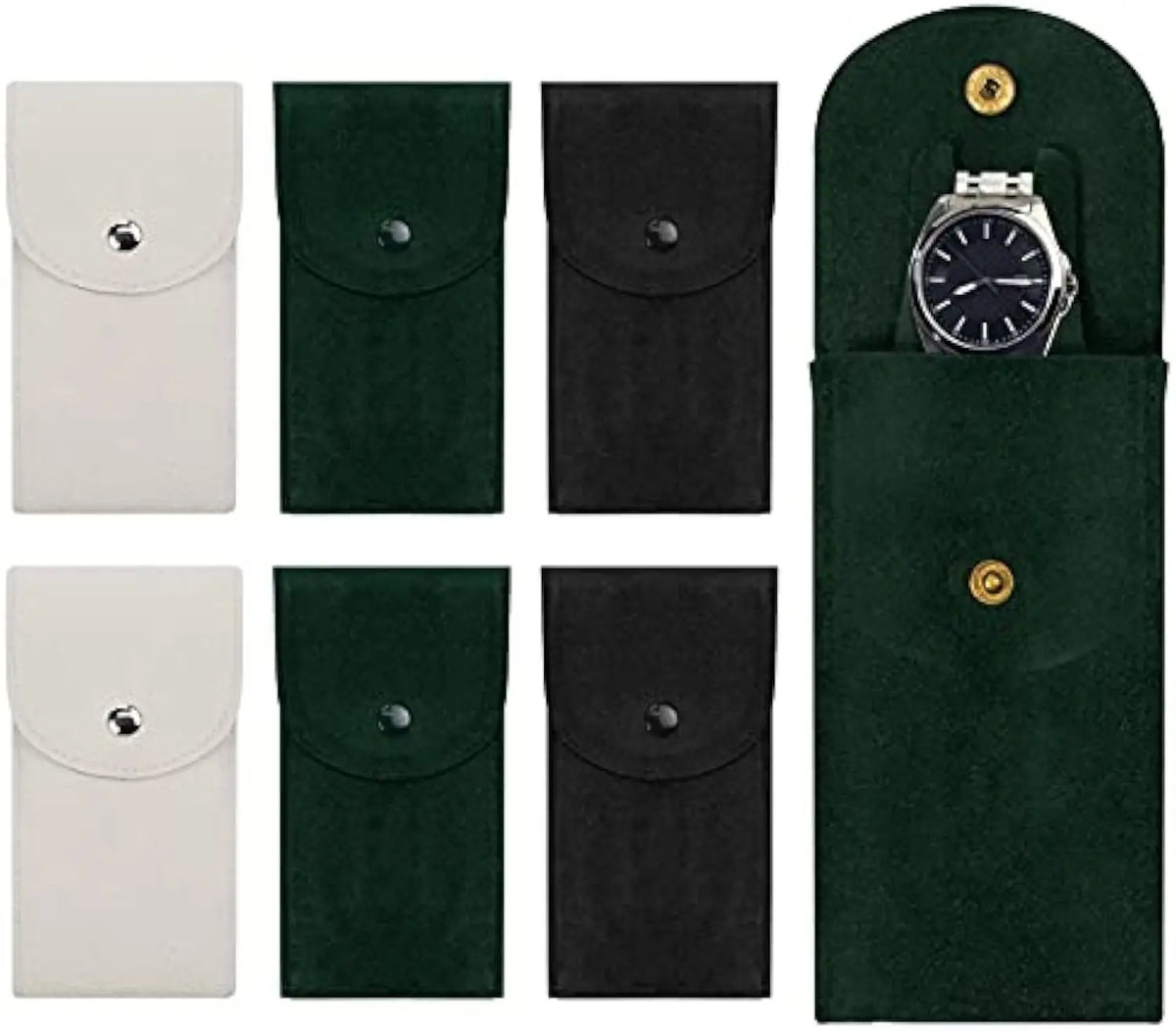 pochettes velours montres bouton pression moderne pratique noir vert gris