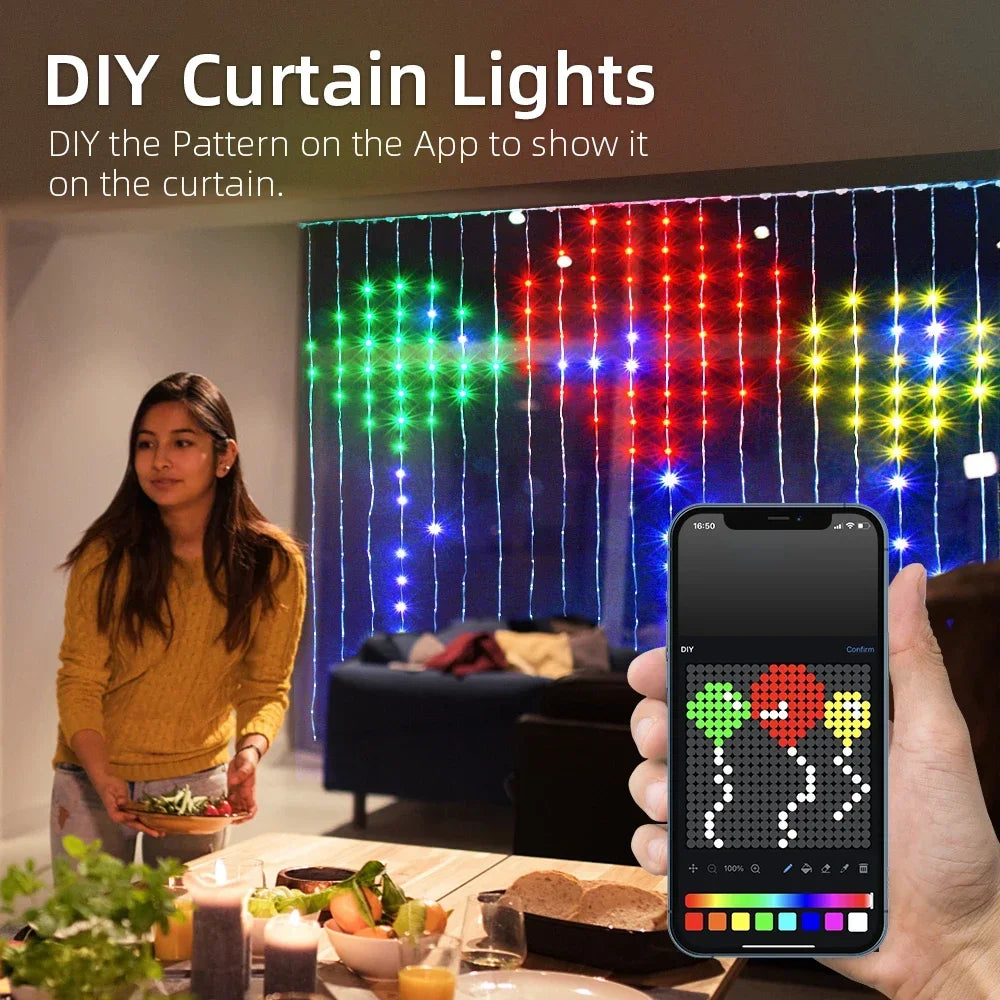 rideau lumineux led multicolore 400 leds moderne grille decorative telecommande application mobile