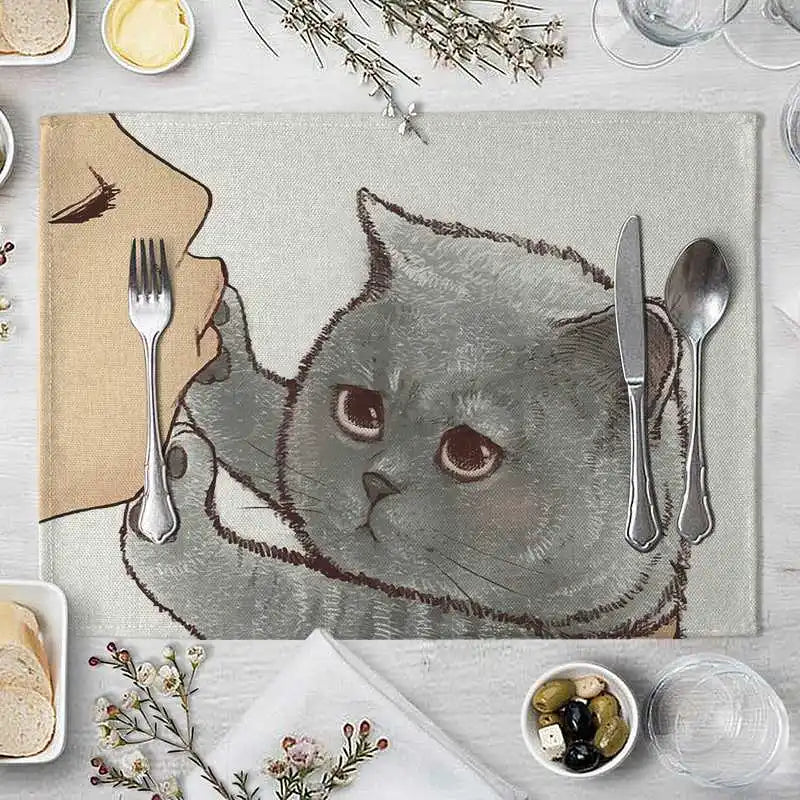 serviette table illustration chat mignon couleur beige gris rose toile lin respectueuse environnement