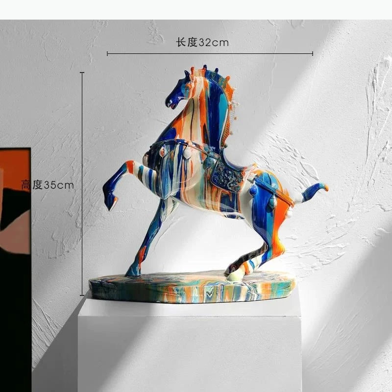 statue cheval moderne marbré bleu orange blanc décoration salon meuble vin cadeauOpaque
