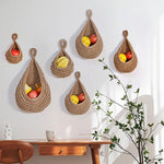 paniers suspendus tissu crocheté beiges rustiques respectueux environnement anneaux métalliques multifonctionnels rangement cuisine decoration