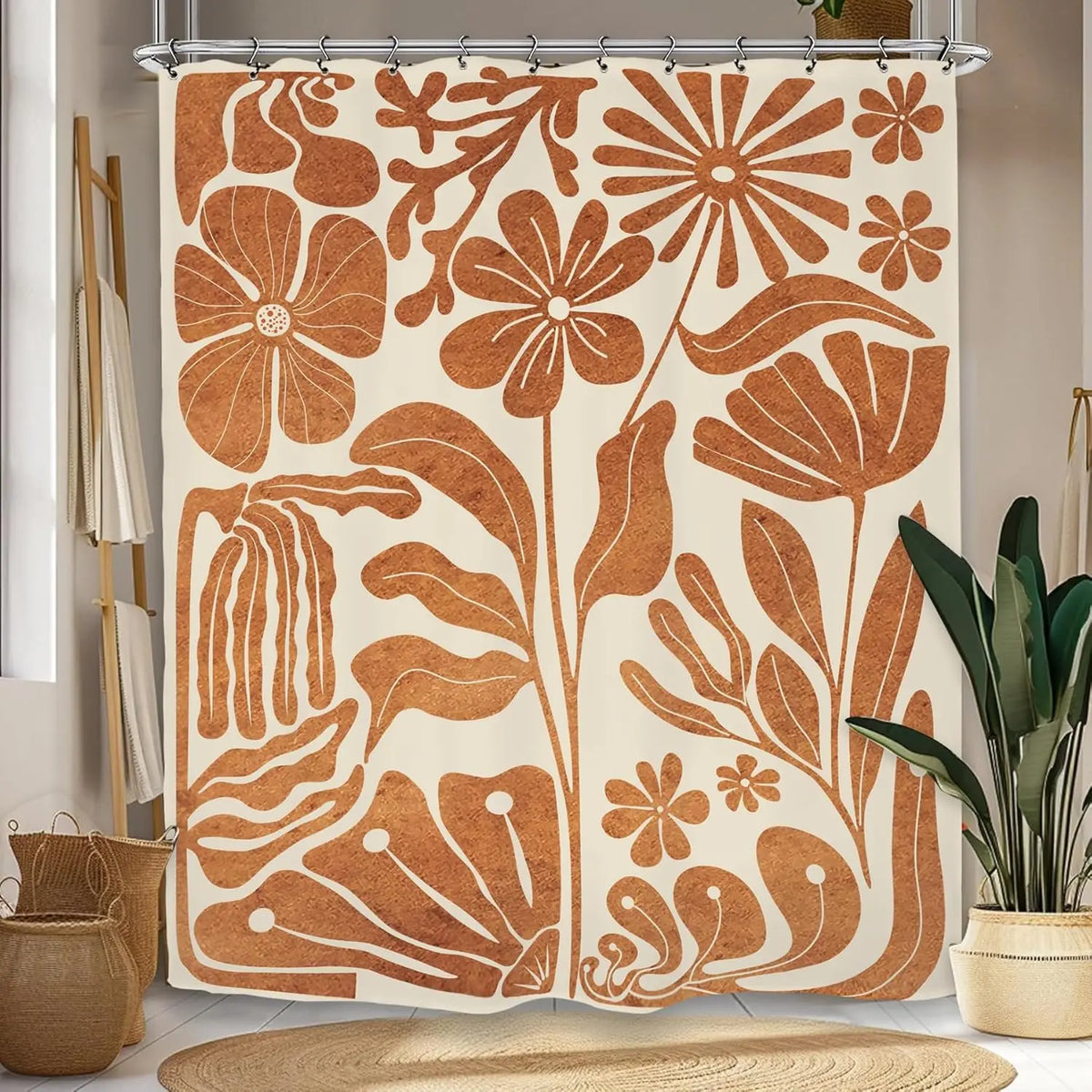 rideau douche moderne fleurs stylisées beige marron opaque polyester 180x200cm decoration bain