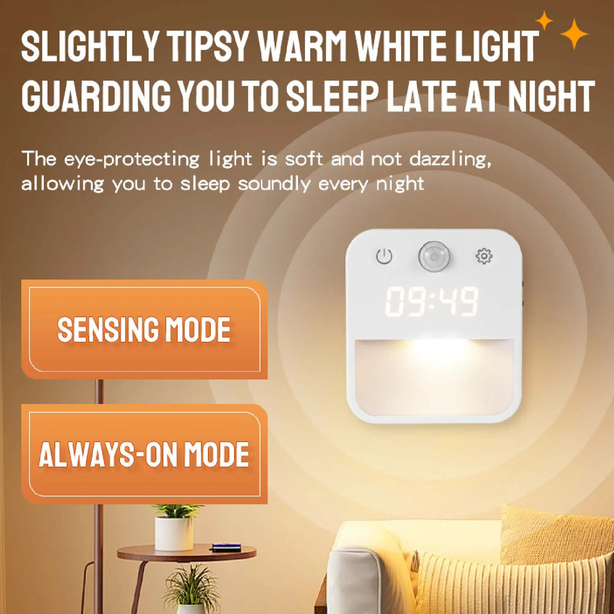 veilleuse horloge nuit led blanc moderne adhésif interrupteur tactile réglage mouvement auto