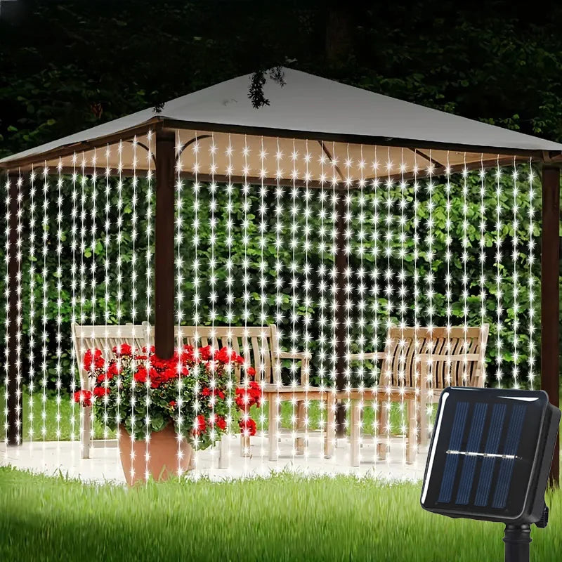 guirlande lumineuse solaire extérieure jaune doré rideau vertical festif romantique ip65 led pvc