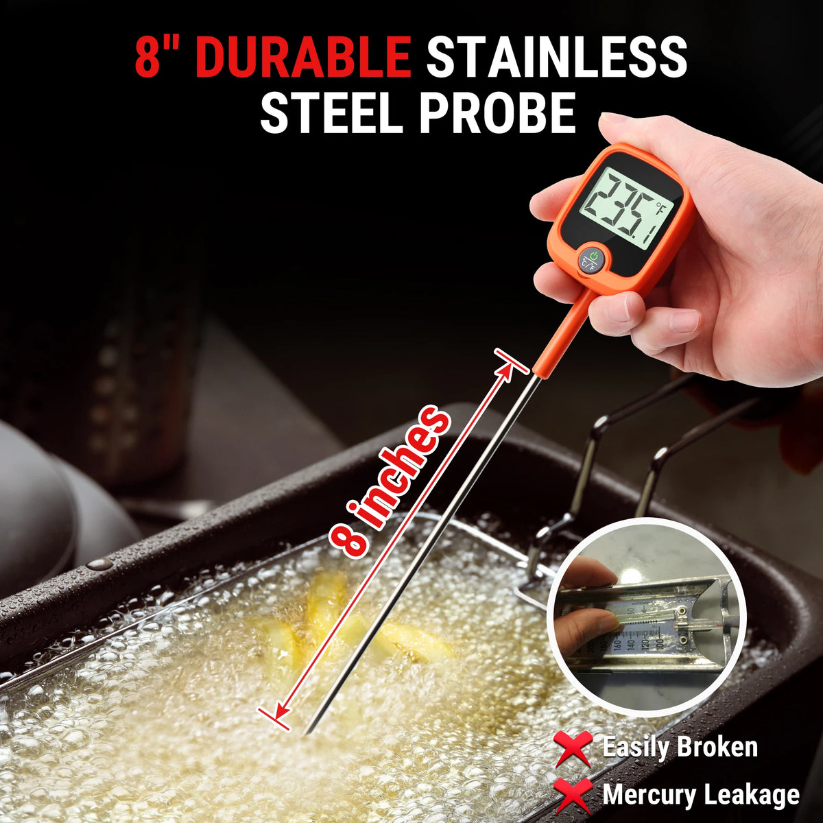 thermomètre numérique cuisine sonde métallique écran lcd clip casserole poulet frit orange gris inox
