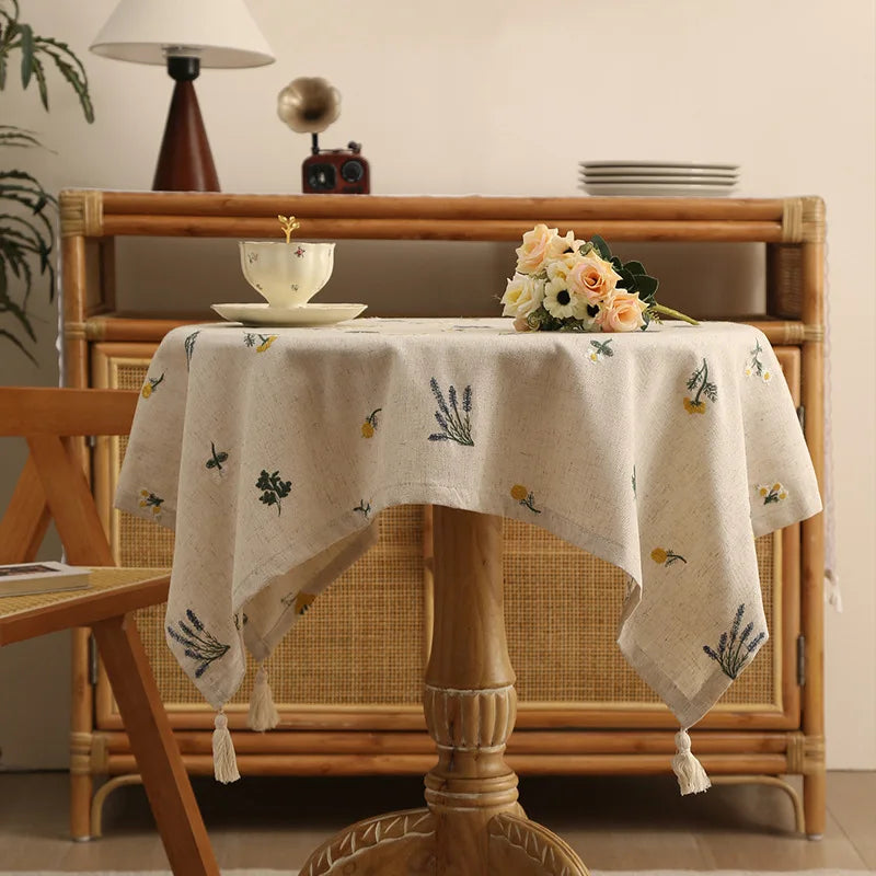 nappe lin brodée motifs floraux rustique beige table décoration extérieure mariage fête
