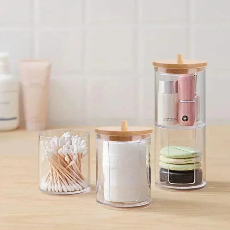 organisateur cosmétique moderne boîte rangement transparente couvercle bambou bâtonnets coton lingettes pinceaux maquillage rouge