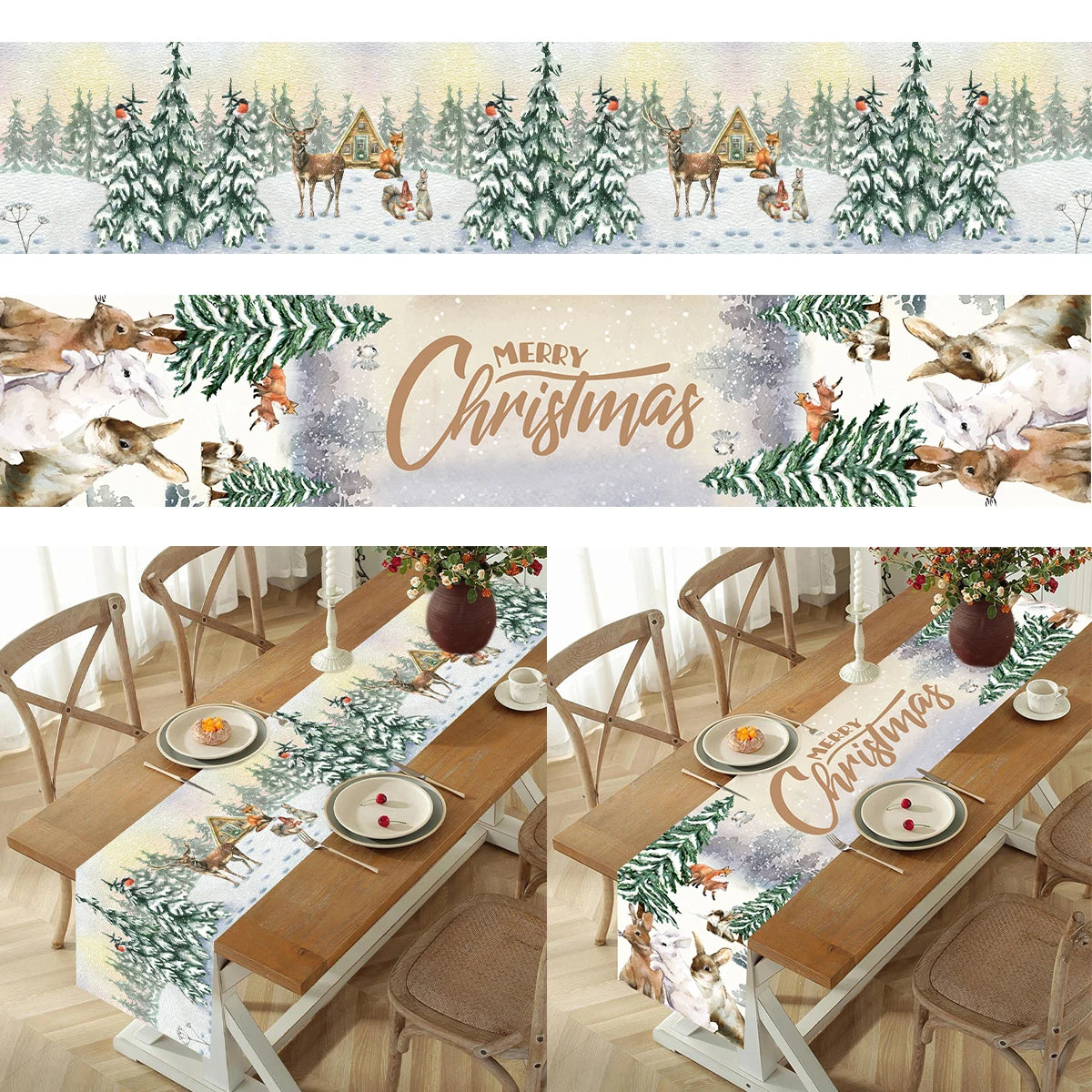 table noel chemin blanc motif flocon renne decoration festive polyester