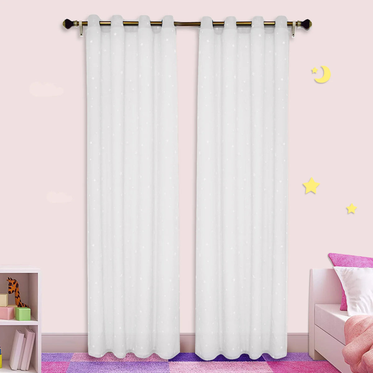 rideau blanc étoiles imprimées moderne translucide anneaux métalliques chambre enfant polyester fenêtre 132x160cm