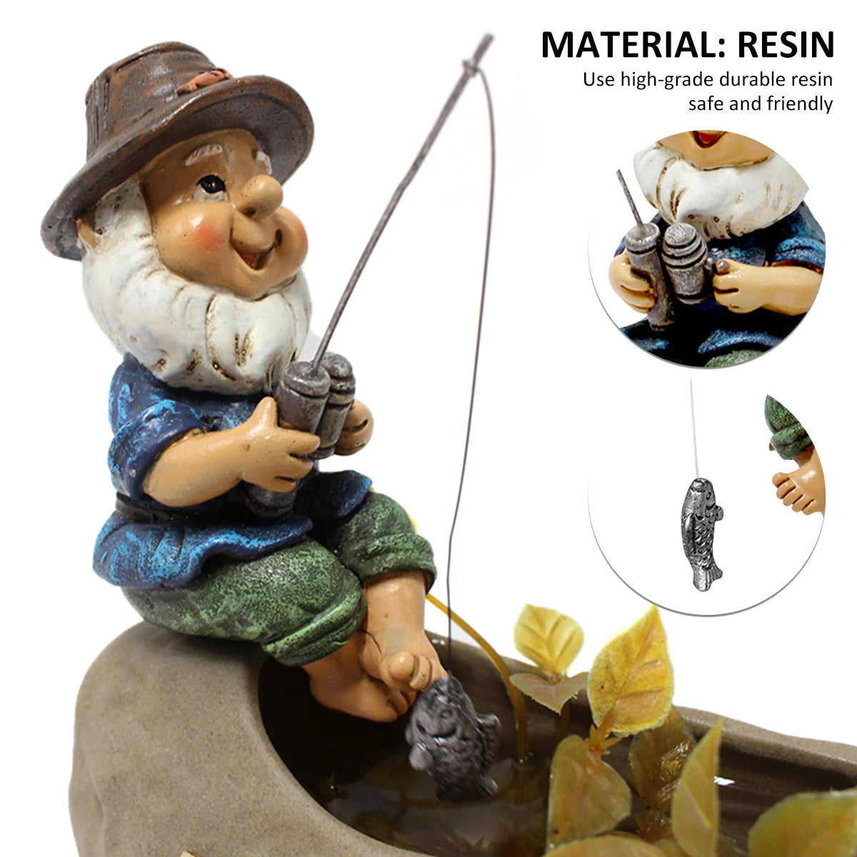 statue gnome pêcheur résine beige marron bleu vert gris argenté canne poisson décoration jardinextérieur