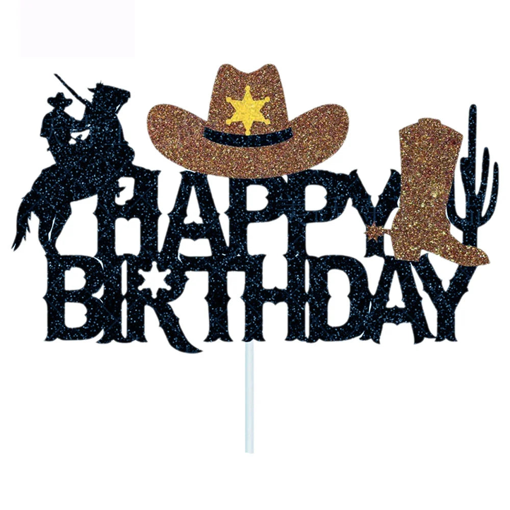 décoration gâteau anniversaire cowboy chapeau étoile botte cactus pistolet argent foulard crâne shérif glitter